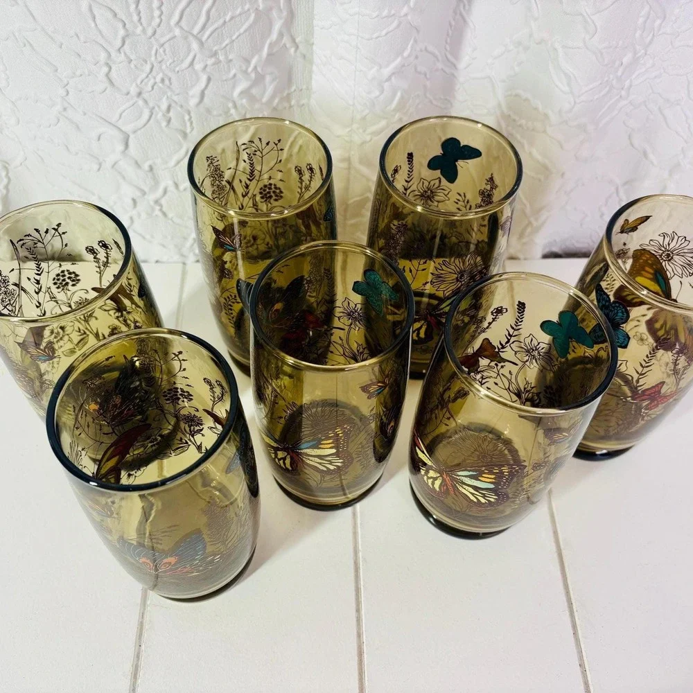 Vintage MCM Amber Tumbler Glasses Colorful Boho Bohemian Butterfly